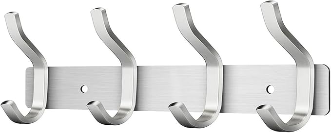 HAMUTH 12 Inch Wall Hooks, 304 Stainless Steel Coat Hanger Wall Mount with 4 Hooks, Silver Coat Hooks for Hanging Backpack,Bag, Purse,Clothes,Towel | Entryway & Bathroom Storage Organization Hanger