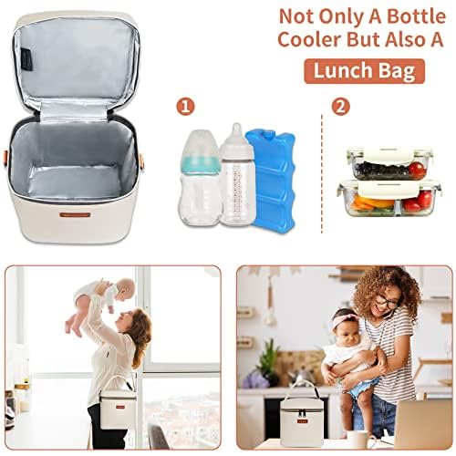 Mancro Breastmilk Cooler Bag with Ice Pack, Fits 6 Insulated Baby Bottles Up to 9 Ounce, Breast Milk Cooler for Nursing Mom (Cream)