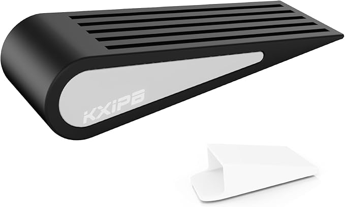 1 Pack Rubber Door Stopper Wedge - Black Non-Slip Soft TPR High-Elastic & Zinc Alloy Metal Material Door Stops for Bottom of Heavy Duty Door Wall Protector for Home & School with Self Adhesive Holder