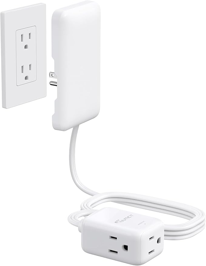 Outlet Cover Extension Cord 6ft, 3 Outlets Indoor Extension Cord Flat Wall Plug, 900J Surge Protector, 13A/1625W, ETL Listed, Flat Power Strip Hidden Behind TV Bed Dresser Bookshelf, White