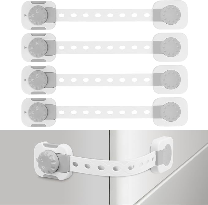 Songaa Child Safety Cabinets Strap Locks 4 Pack - Adjustable Baby Proofing Cabinet Latches for Drawers, Oven, Dishwasher, Fridge, Toilet Seat, Trash Can, with 3M Adhesive Pads - Gray