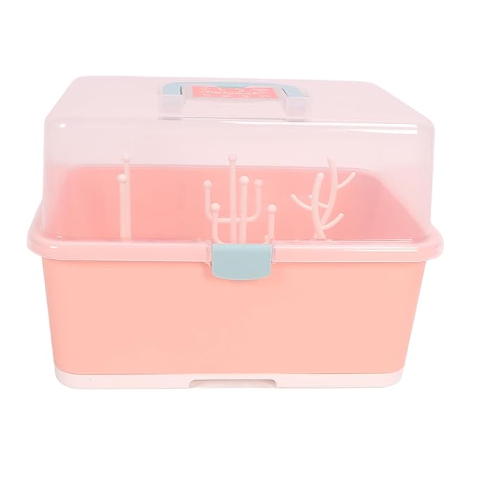 Baby Bottle Drying Storage Box, Removable PP Cover Portable Keep Dry Dust Proof 360° Seal Design Baby Bottle Drying Rack Container for Home for Baby (Implicit Pink)
