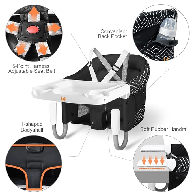 MTWML Hook On High Chair with Tray,Portable Baby High Chair That Attaches to Table,Clip On Fast Table Seat for Babies and Toddlers.Baby Feeding Seat for Dining Tables and Counter(Stripe-Black)