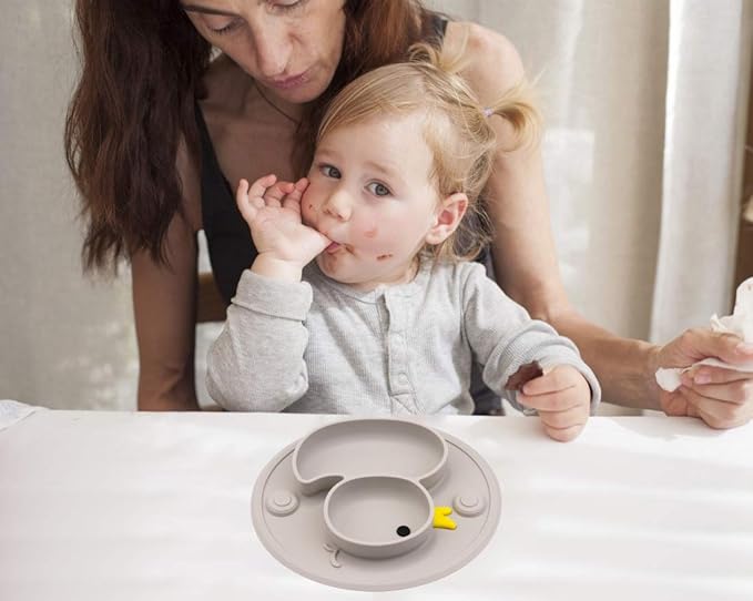 Baby Plate Silicone Toddler Plates Suction Placemat Divided Dishes for Kids and Infants One-Piece Strong Suction, BPA Free, Microwave Dishwasher Safe (Grey)