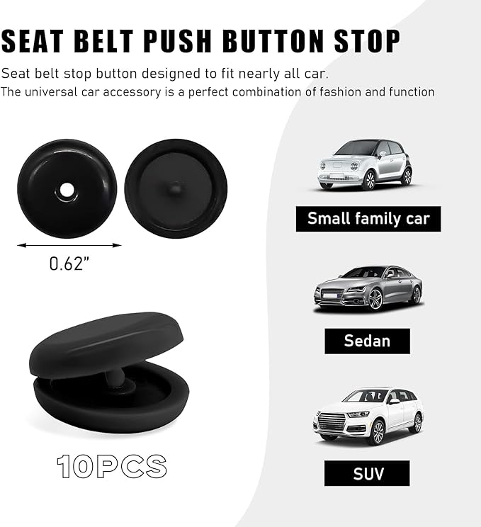 10 Sets Seat Belt Button Stop, Snap-On Plastic Seatbelt Stopper Clip Prevent Seat Belt Buckle from Sliding Down, No Welding Seat Belt Stop Kit, Universal Car Accessories (Black)