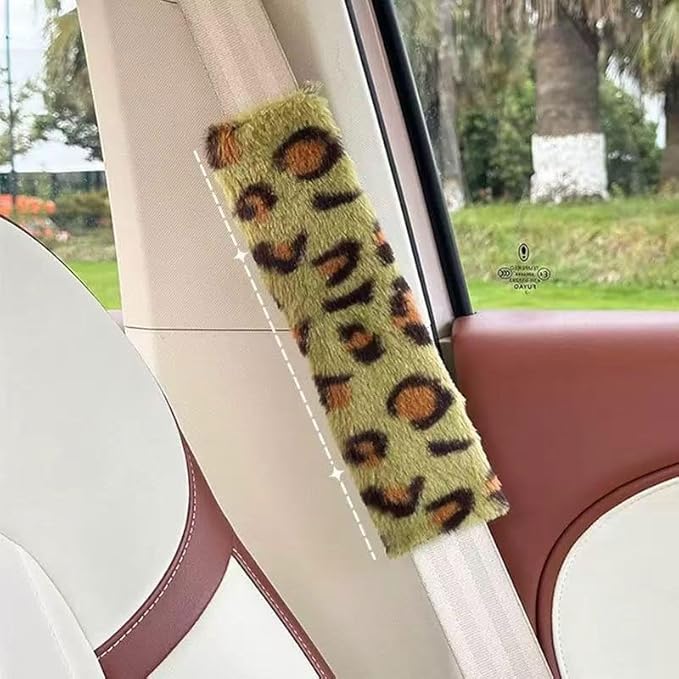 2 Pack Seat Belt Cover Pad, Cute Plush Leopard Print Seatbelt Covers Seatbelt Shoulder for More Comfortable Driving, Plush Fluffy Soft Seat Belt Cover, Car Interior Accessories, Green