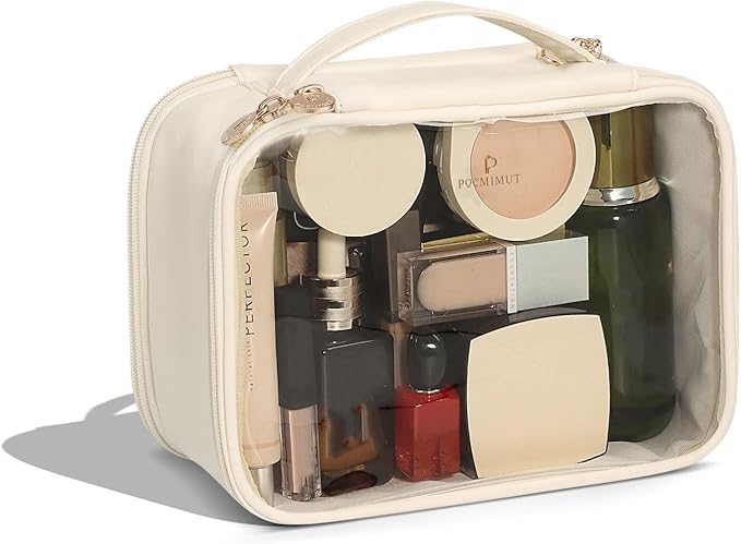 Pocmimut Clear Makeup Bags,Small Makeup Pouch with Large Cosmetic Bag Toiletry Bag Car Accessories Storage for Women,Travel Essentials Organizers,Beige