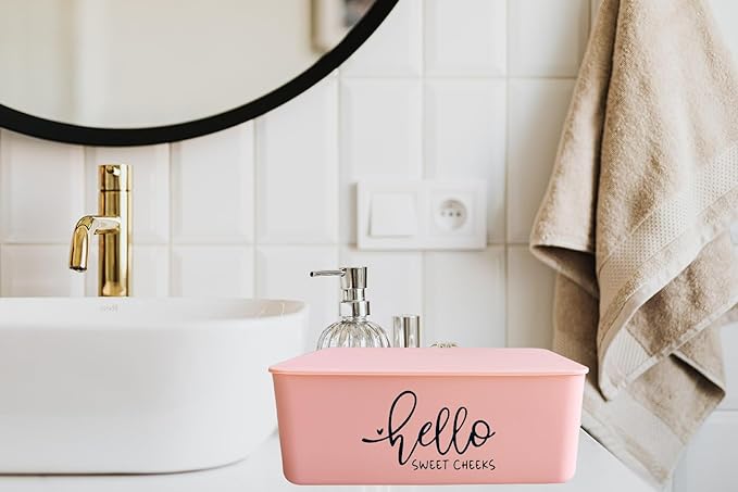 Moorfowl Hello Sweet Cheeks Flushable Wipes Holder Baby Wipes Dispenser Container Cute Funny Rustic Farmhouse Bathroom Decor (Pink)
