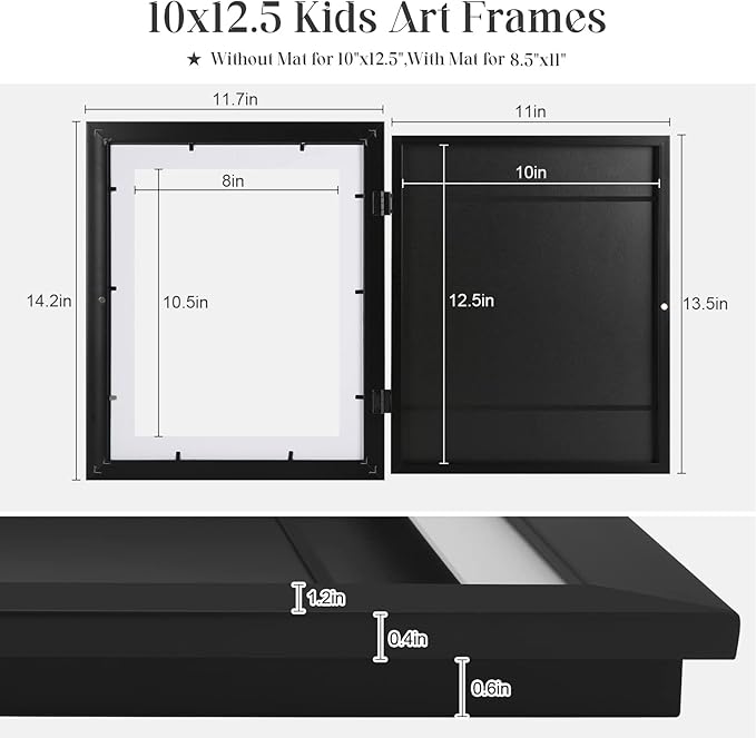 [2 Pack] Kids Art Frames, 10x12.5 Front Opening Kids Artwork Frames Changeable, Displays 8.5x11 With Mat and 10x12.5 Without Mat, Holds 50 Pcs, for 3D Picture, Crafts, Hanging Art, Portfolio Storage