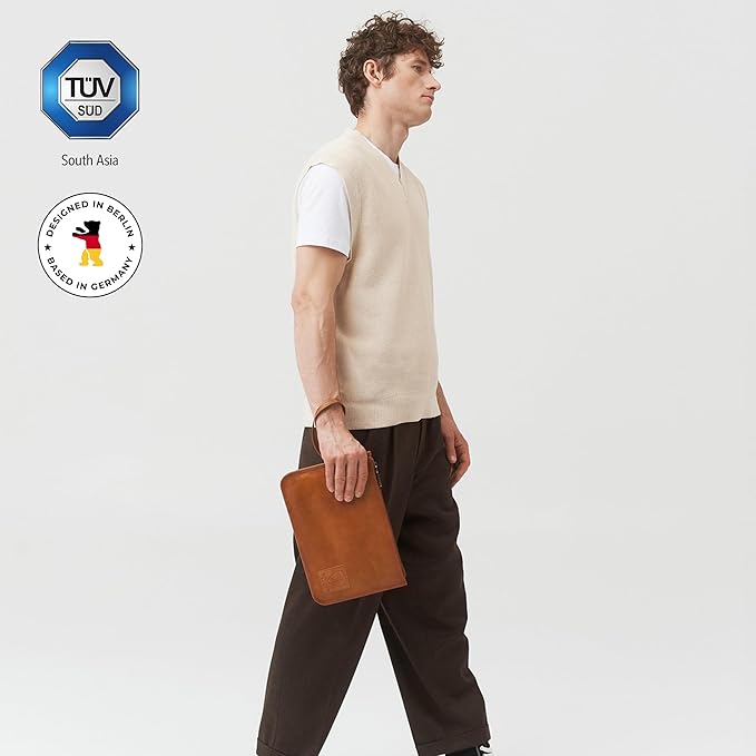 BERLINER BAGS Vintage Genuine Leather Document Organizer Theo M, Passport Holder and Travel Wallet - Brown