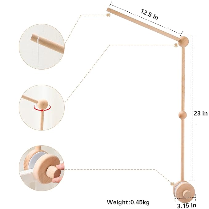 Crib Mobile Arm, HBM 30 Inch Wooden Mobile Arm for Crib Rotating Baby Mobile Hanger Beech Mobile Crib Arm Attachment Nursery Decor,Anti Slip for Sturdy Crib Mobile Hanger for Crib
