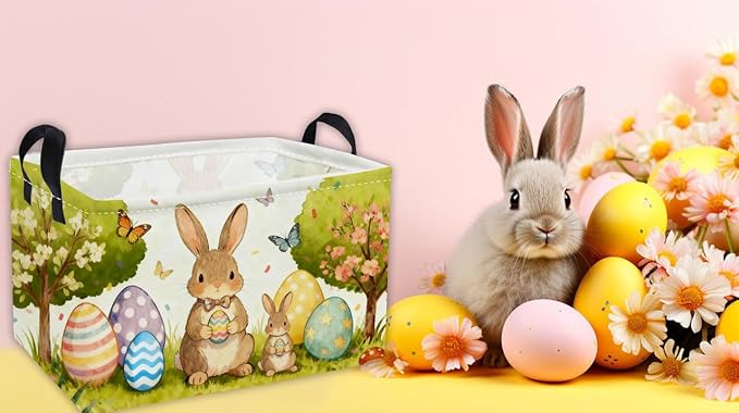 Essme Rectangular Easter Basket, Kids Storage bin Organizer with Handles for Easter Decor,Shelf Basket,Toy Organizer,Easter Baskets.(Cute Easter Basket)