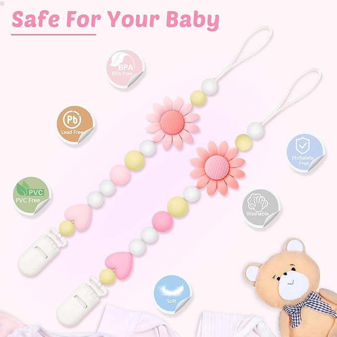 Silicone Pacifier Clip, 4 Pack Pacifier Holder for Boys and Girls, Adorable Sunflower Pacifier Strap Fits for Most Pacifier, Baby Teethers, Baby Shower and Baby Gift
