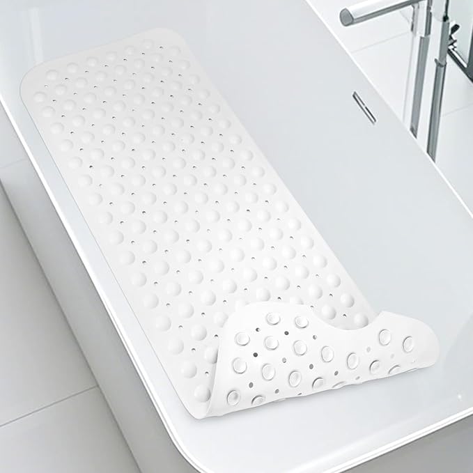 WarmSnow Long Bathtub Mat Non Slip 39.5 x 16 Inch, Inside Shower Mats with Suction Cups & Drain Holes, Soft TPE Bath Mat for Tub, Quick-Drain Bathroom Floor Mats, White