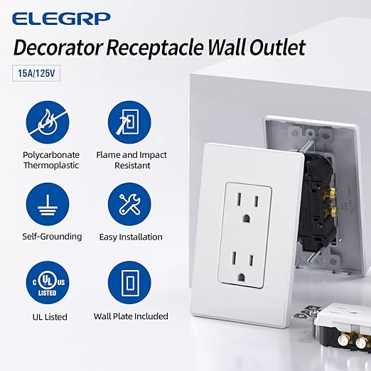 ELEGRP Matte White Standard Decorator Electrical Wall Receptacle Outlet, 15A 125V, 2 Pole 3 Wire, Non- Tamper Resistant, NEMA 5-15R, Self-Grounding, Wall Plate Included, UL Listed, 10 Pack