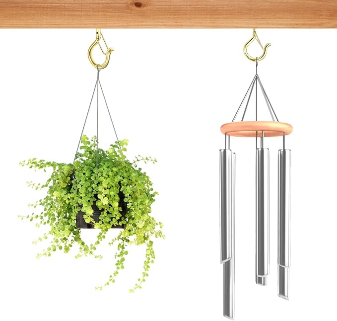 FSAH 48 PCS Q-Hanger Hooks, Screw Hooks for Outdoor String Lights, Safety Buckle Design Cup Eye Hook for Hanging Christmas Lights, Plants, Mounted on Wall Ceiling, Include 1 Wing Nut Driver, Gold