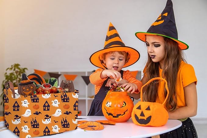 Essme Rectangular Halloween Basket,Kids Baskets Empty with Handles,Cute Baskets for Kids Halloweens Room Decor,Boys and Girls, Candy Basket(Yellow Castle Ghost)
