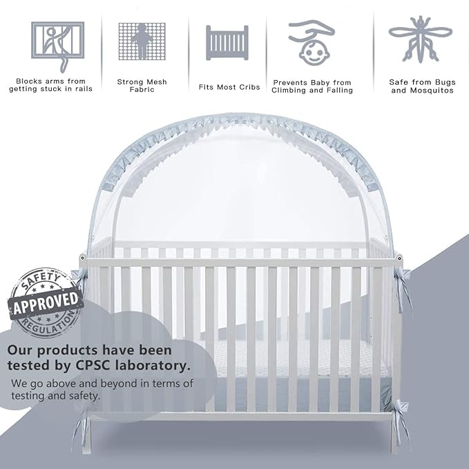 L RUNNZER Baby Crib Tent, Breathable Pop Up Crib Tent Canopy Keep Baby from Climbing Out, Crib Net to Keep Baby in with Auto-Lock Zipper(55.2" L x 27.6" W x 51.6" H)