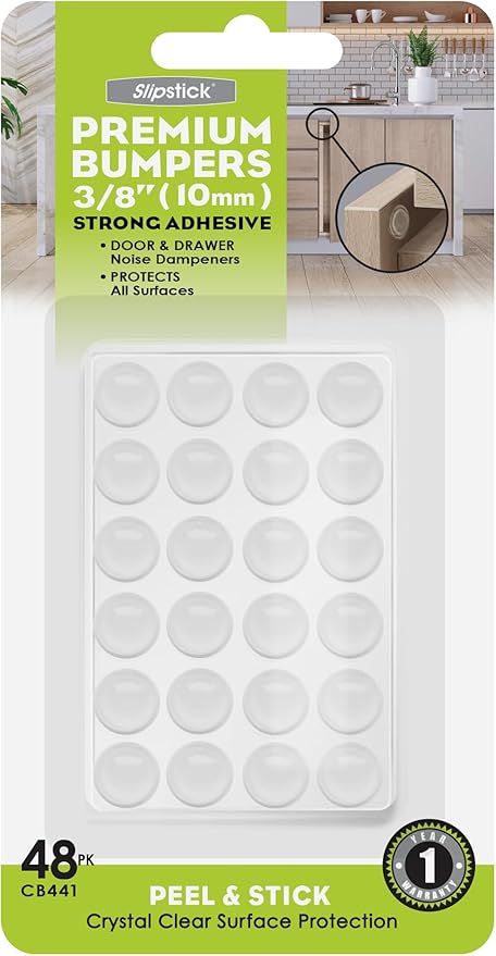 Slipstick Premium Cabinet Door Bumpers 3/8” Round Clear Adhesive Pads, Cabinet Stoppers, Rubber Bumpers for Drawers, Cupboards, Cutting Boards, Glass Tops, Picture Frames, Furniture, 48 Dampers