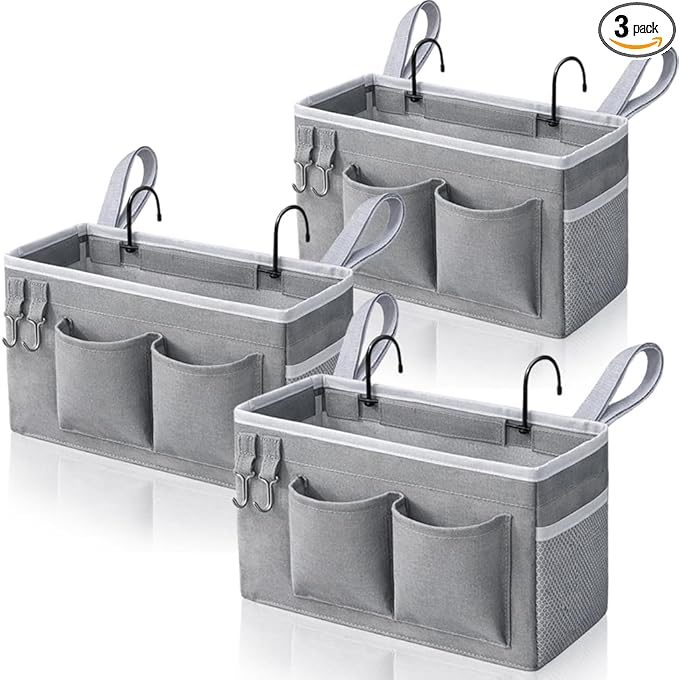 3pcs Bedside Caddy Hanging Storage Bag, Water Cup Holders, Organizer Baskets with Pockets for Bunk Bed Shelf, Hospital Beds, Loft & Dorm Rooms Accessories (Bedside bag-Grey)