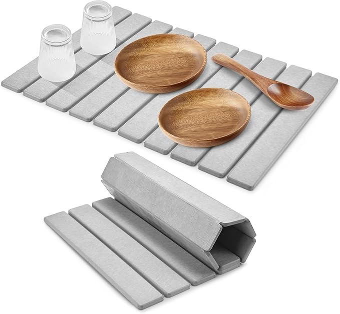 Stone Dish Drying Mat for Kitchen Counter – 23"(L)×15 (W)" Foldable Absorbent Diatomaceous Earth Dish Drying Mats, Kitchen Counter Mats for Dishes Bottles Cups, Match Any Countertop - Grey