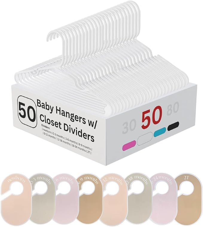 50 Pack Baby Hangers – Includes 8 Closet Dividers – Non-Slip Durable Hangers for Infant Clothes & Nursery Organization (White, 50)