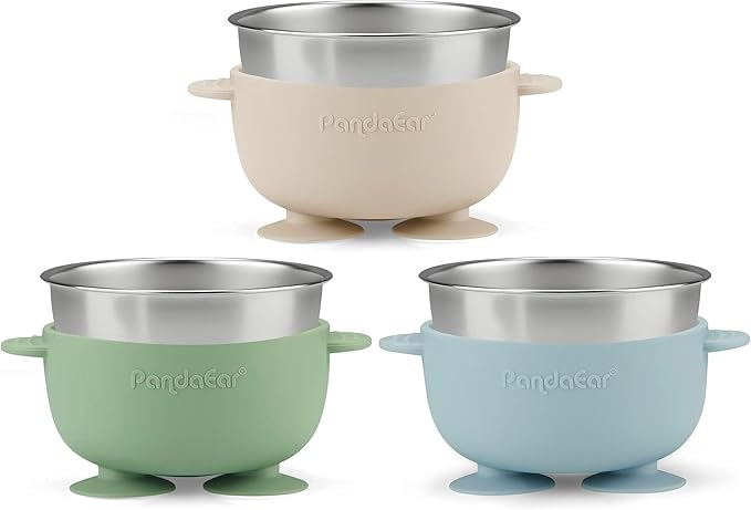 PandaEar 3 Pack Stainless Steel Baby Suction Bowls, Non-Slip Child Food Bowl with Silicone Sleeve for Kids Toddlers Infants, Unbreakable & Mess Free (Blue Green Beige)