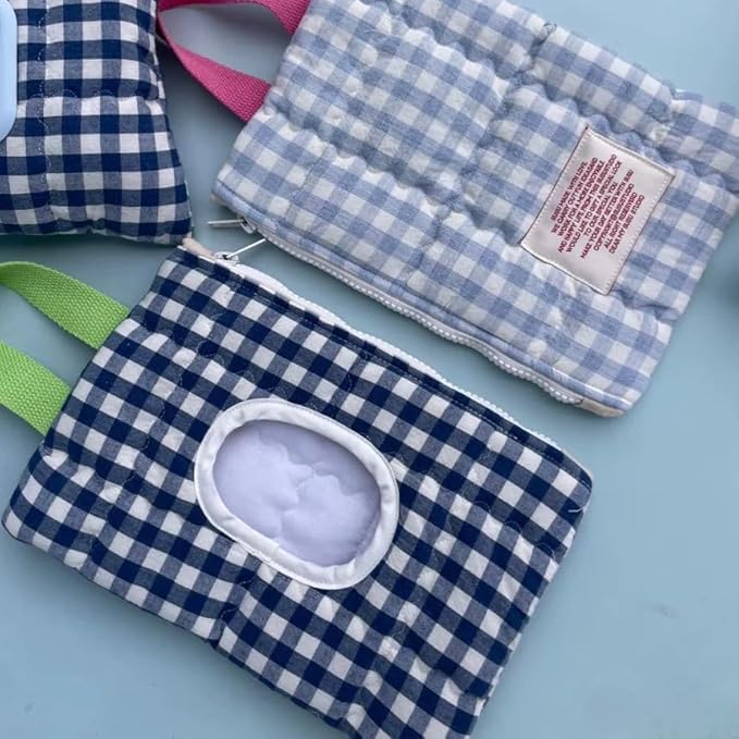 HIBEAR Quilted Diaper Wipe Pouch Portable Mommy Bag Refillable Floral Baby Wipe Holder for Travel Stroller Daily Casual (Plaid A)