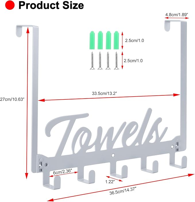 Azmoncy Over The Door Hooks, Towel Rack for Bathroom & Bedroom, Heavy Duty Over Door Towel Hanger with 5 Coat Hooks, Silver