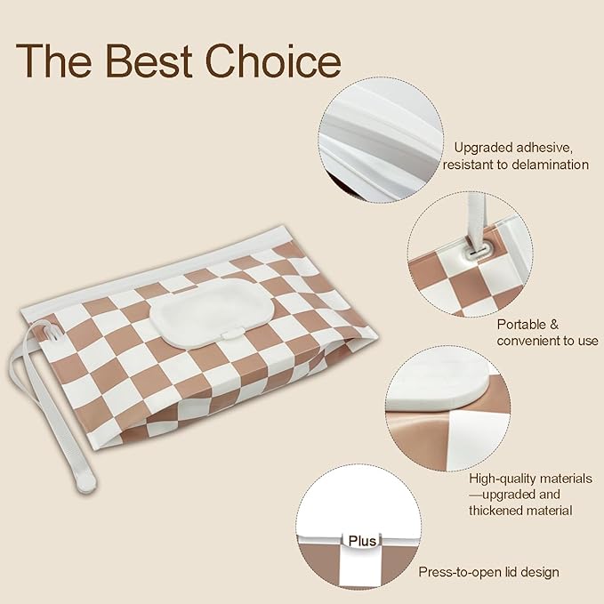 Baby Wipe Holder, 3-Pack Portable Refillable Wipe Dispenser, Waterproof & Dustproof Travel Baby Wipes Case, Reusable Diaper Wipe Container with Checkerboard Design