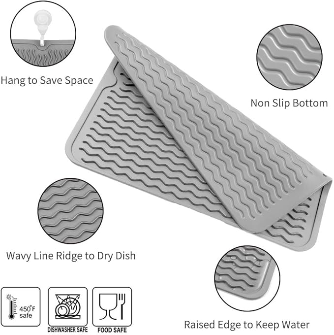 MicoYang Silicone Dish Drying Mat for Multiple Usage,Easy clean,Eco-friendly,Heat-resistant Silicone Mat for Kitchen Counter or Sink,Refrigerator or drawer liner Grey L 16 inches x 12 inches