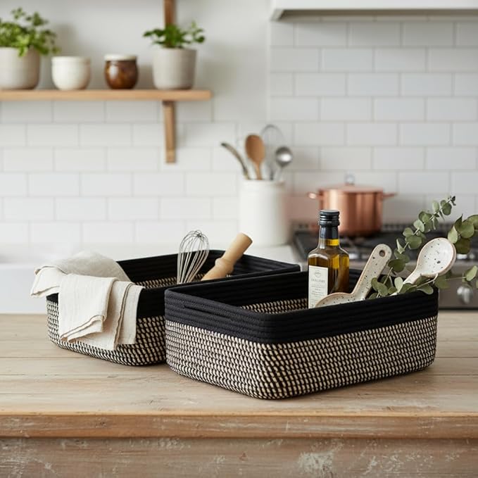 Small Woven Storage Baskets 2 Pack, 15"x11"x5.1" Decorative Storage Basket for Organizing Shelves, Closet, Nursery, Bathroom, Cotton Rope Basket, Black & Mixed Black