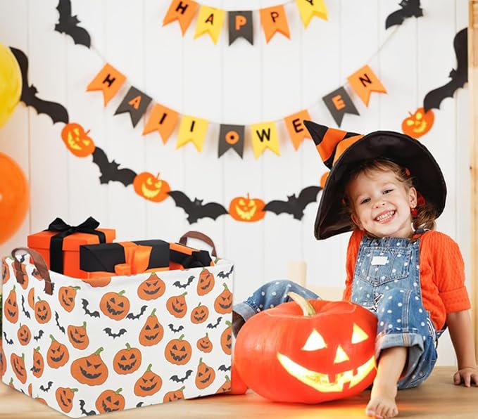 TIBAOLOVER Rectangular Halloween Basket for Kids Pumpkin Basket Toy Storage Bin Organizer Box Room Decor for Halloween Parties(Halloween Pumpkin)