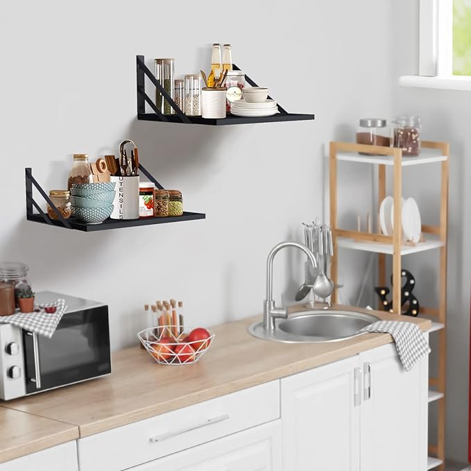 2 Pc Deep Floating Shelves ; 12 Inch Deep Wall Mounted Hanging Shelves for Living Room, Kitchen, Office, Bathroom and Bedroom Decor; Storage and Display Shelf Set (Black)