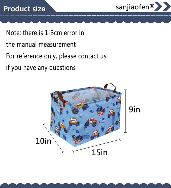 Sanjiaofen Rectangular Monster Truck Basket Organizer.Kids Baskets,Boys Storage Basket with Handles.Car Bins for Kids,Books, Gifts Storage. (Monster Trucks )