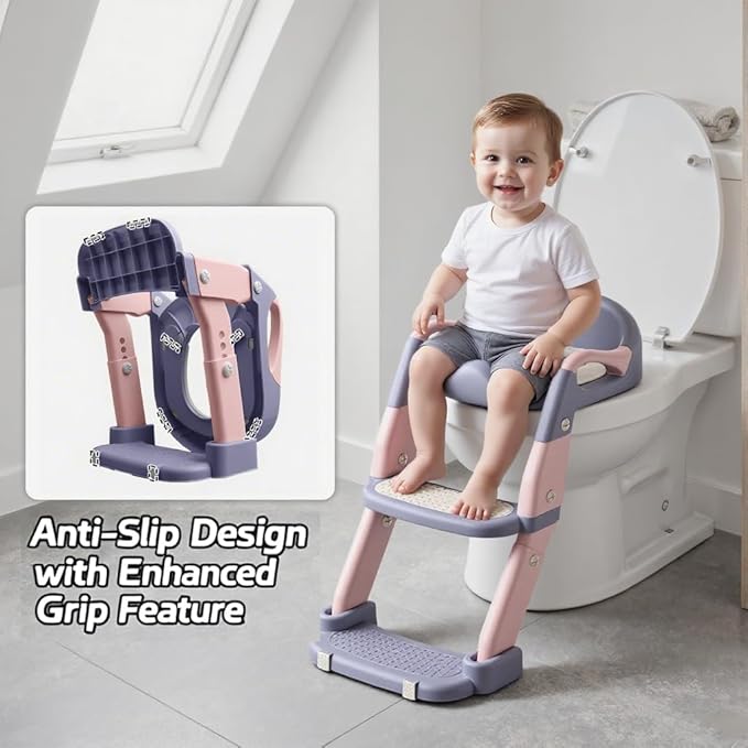 Snugzy Toddler Potty Training Seat 3-in-1 Foldable Potty Training Toilet with Step Stool Adjustable Potty Chair with Urinals (Pink Purple)