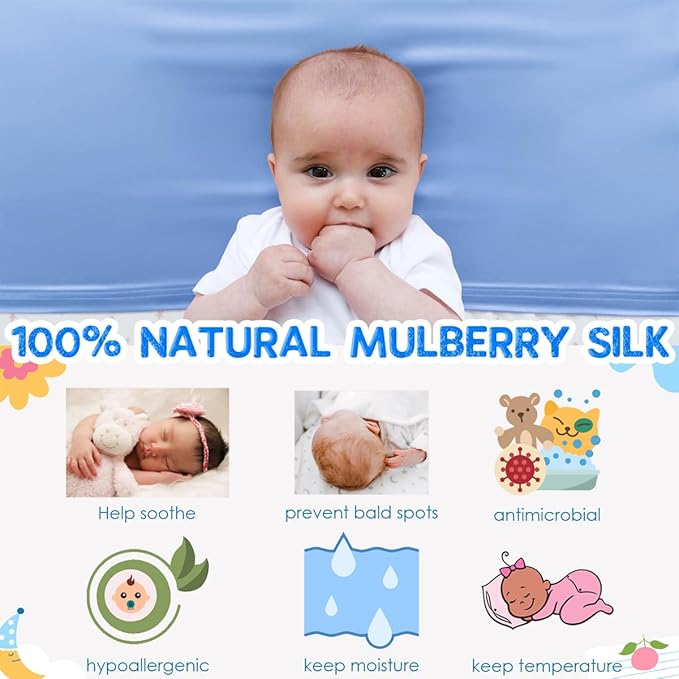 PROMEED 100% Mulberry Silk Crib Sleeve for Baby Hair Loss Prevention, Premium 23 Momme Natural Silk Bassinet Slip for Bassinets/Cradles/Cots/Cribs (Light Blue)