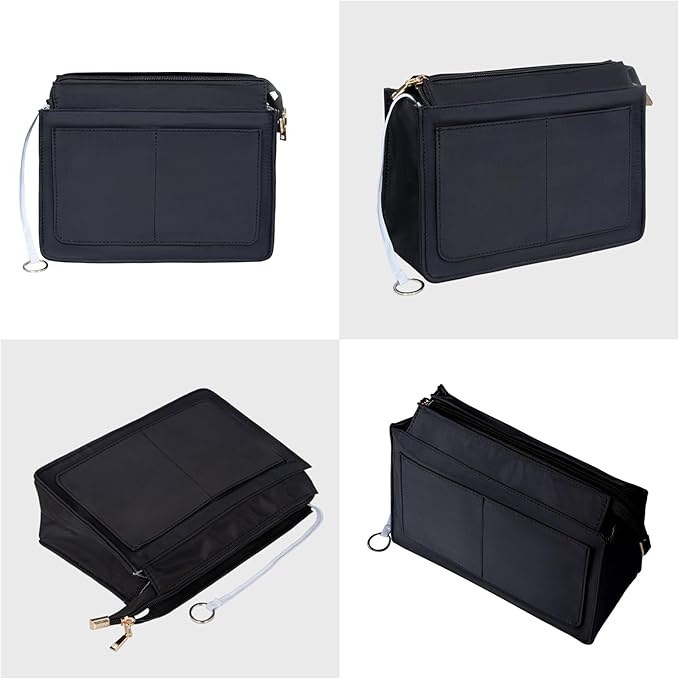 Vercord Purse Organizer Insert with Zipper for Women Hobo Handbags Shaper Insert 12 Pockets Bag Black Medium