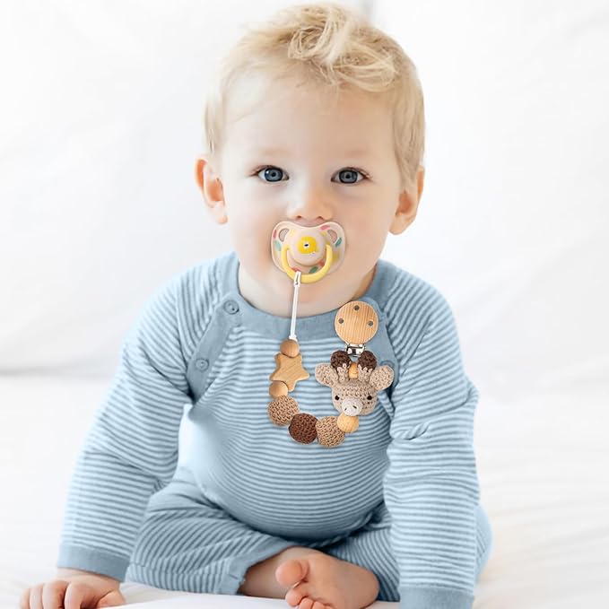 Pacifier Clip, 2 Pack Pacifier Holder for Boys and Girls, Cute Deer Handmade Knitted Christmas Pacifier Clip Fits for Most Pacifier, Baby Teethers, Baby Shower and Baby Gift(Elephant&Deer)