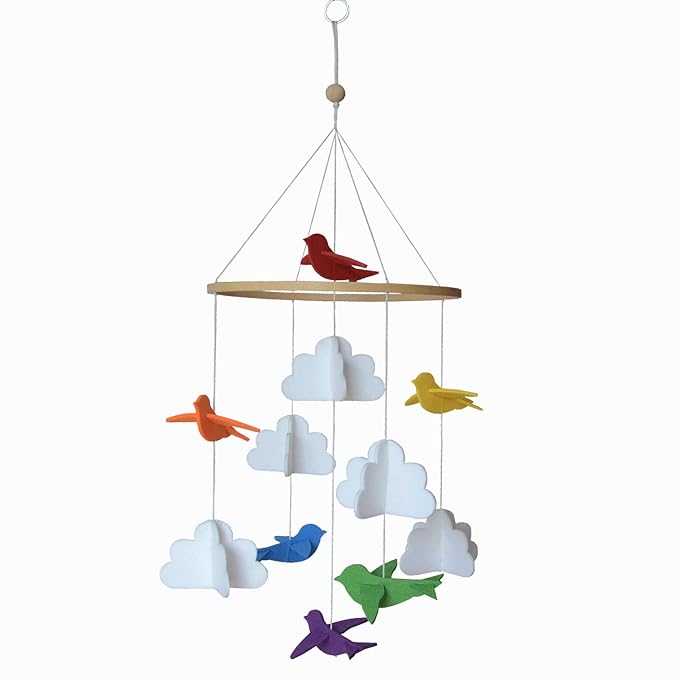 Baby Crib Mobile – Wooden Hanging Nursery Baby Mobile for Crib, Nursery Decor for Boys & Girls, Perfect Shower Gift (Rainbow Birds in The Clouds, w/Garland) Also Fits Bassinets, Sorrel + Fern