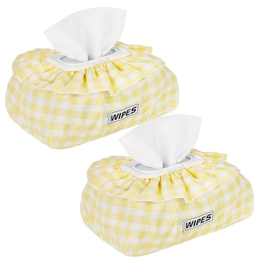 2 Pack Baby Wipes Cover – Muslin Cotton Wipes Dispenser, Universal Size Fits All Wipes & Tissues, Diaper Pouch for Nursery, Living Room & Diaper Station (Yellow+Yellow)