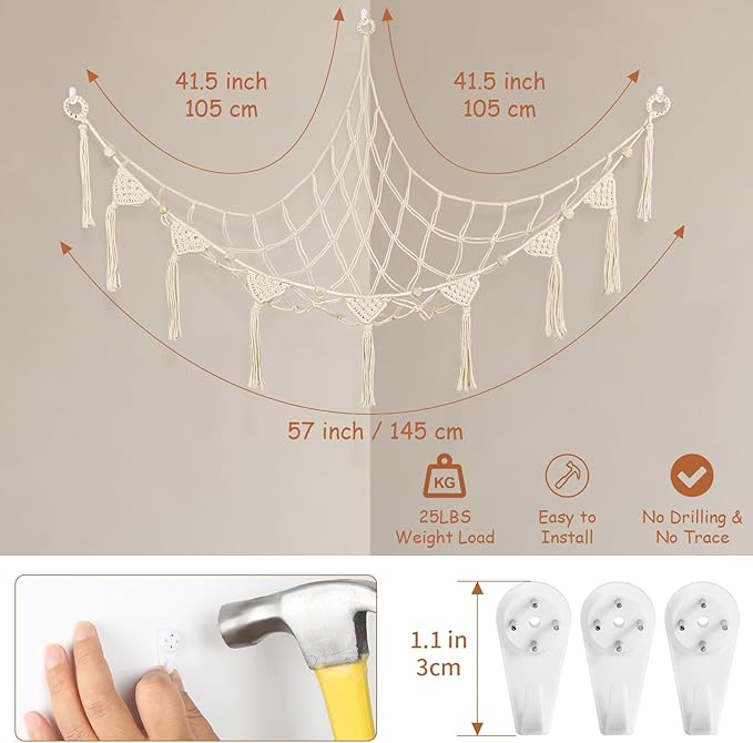 Stuffed Animal Hammock Corner, 57 Inch Large No Drilling Handcrafted Stuffed Animal Net, Natural 100% Cotton Boho Macrame Plushie Net Sturdy Stuffed Animal Storage Holder for Kid Room Nursery(Cream)