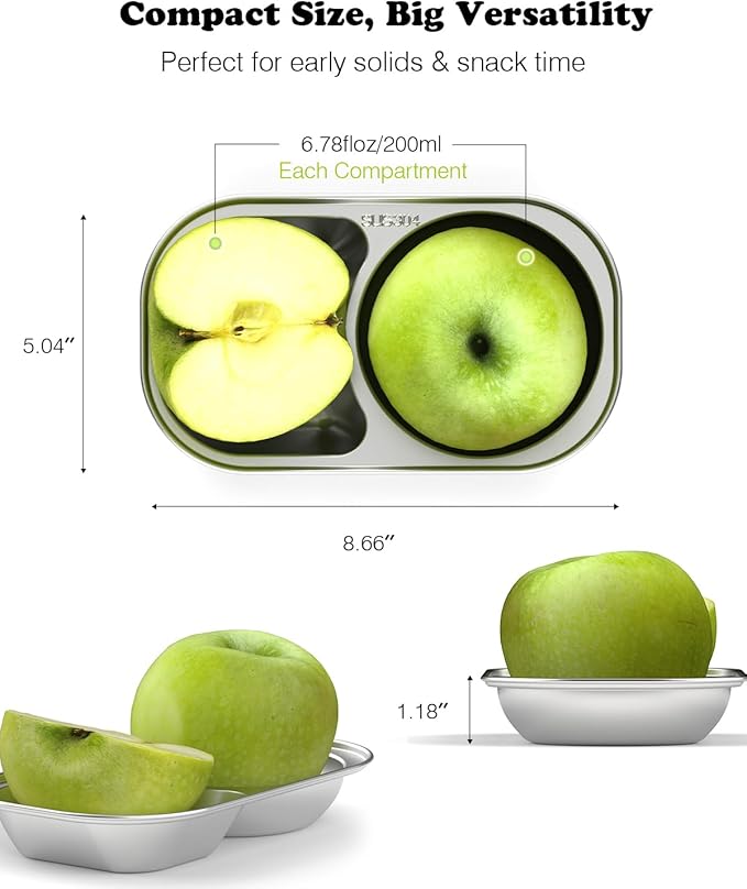 Bakpoco 2PCS Stainless Steel Toddler Plates with 2 Dividers, Kids Plates for Snack Portion Control, Small Divided Plate for Baby Feeding & Adults Camping, Non-toxic Dishwasher Safe Metal Dish