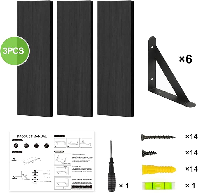 Fixwal Floating Shelves for Wall, Wood Wall Mounted Shelves for Bedroom, Bathroom, Living Room, Kitchen Storage and Decor(Black, Set of 3, 16.5 Inch)