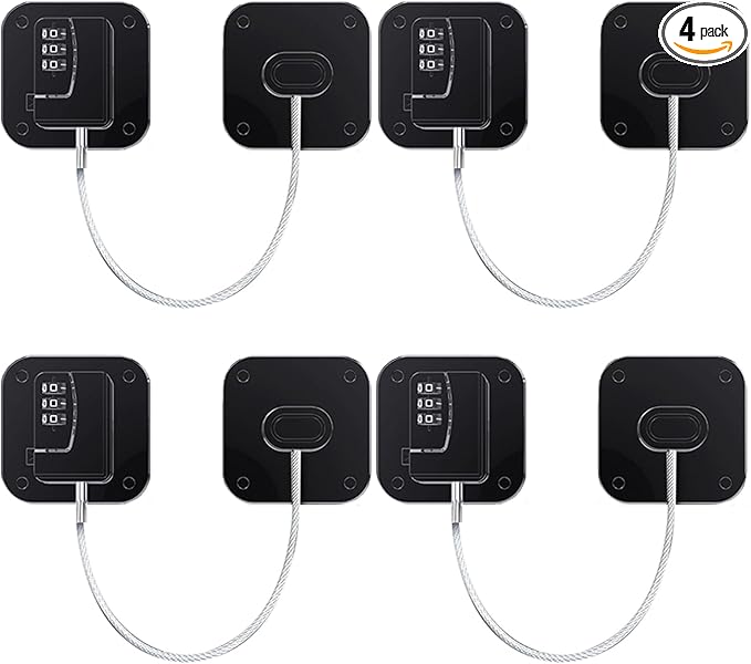 Refrigerator Lock (4 Pack), Heavy Duty Combination Fridge Lock, for Fridge, Cabinets, Window, Drawers and Child Safety Cabinet Lock, Strong Non-Marking Adhesive No Drilling (Black)