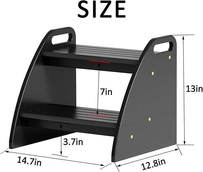 Step Stool for Toddlers, Two Stepping Stool Toddler 300lbs Capacity, with Non-Slip Handles and Pads,Black Kids Step Stool for Bathroom Sink, Perfect Natural Wooden Step Stool for Kitchen