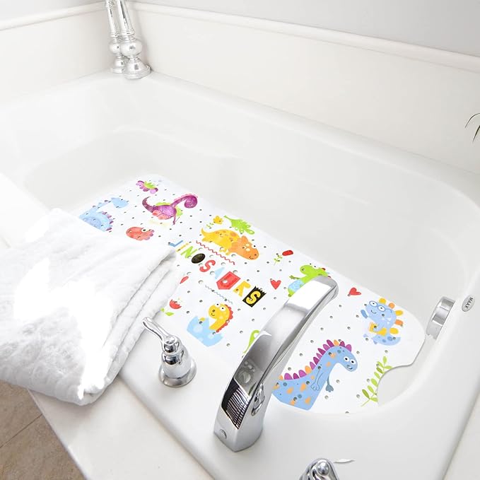 Tubozadi Bath Mat for Tub for Kids Dinosaur Non Slip Bathtub Mat for Baby Toddler 40X16 Inch Long Anti Skid Bathroom Shower Mat with Suction Cups & Drain Holes
