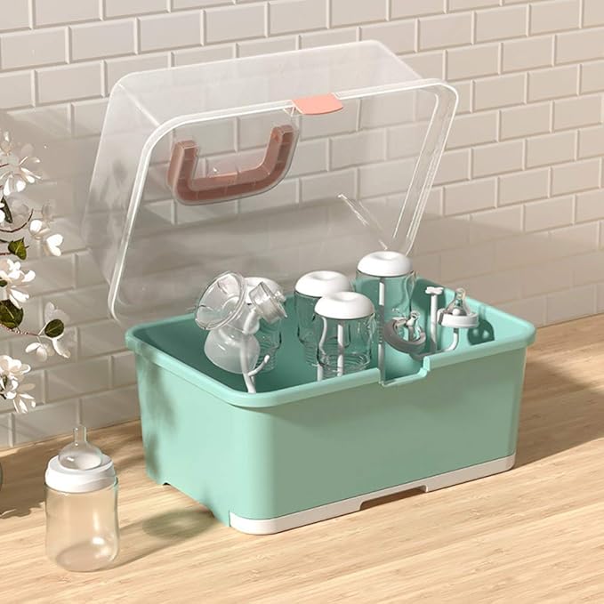 Toyvian Large Capacity Baby Bottle Storage Box with Lid and Handle Portable Drying Rack Organizer for Bottles and Cups 11.4X9X8.7 Inches for Home and Travel