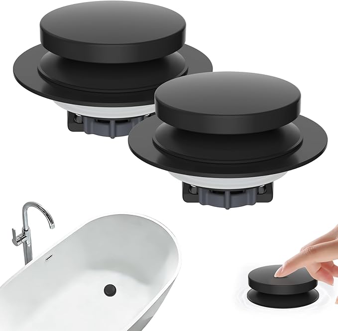 Hibbent 2 Pack 3 in 1 Metal Bathtub Drain Stopper, Universal Pop Up Tub Stopper with Removable Filter Basket, Anti-Clogging Bathtub Hair Catcher for 1.5''~2.4'' Drain, Brass Bullet Core, Matte Black