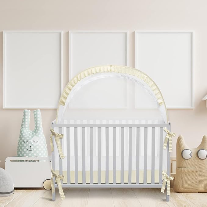 L RUNNZER Baby Safety Crib Tent, Pop Up Canopy for Crib to Stop Baby from Climbing Out, Infant Mesh Cover Mosquito Net with Sturdy Frame & Soft Mesh, Beige, (R07-beige)